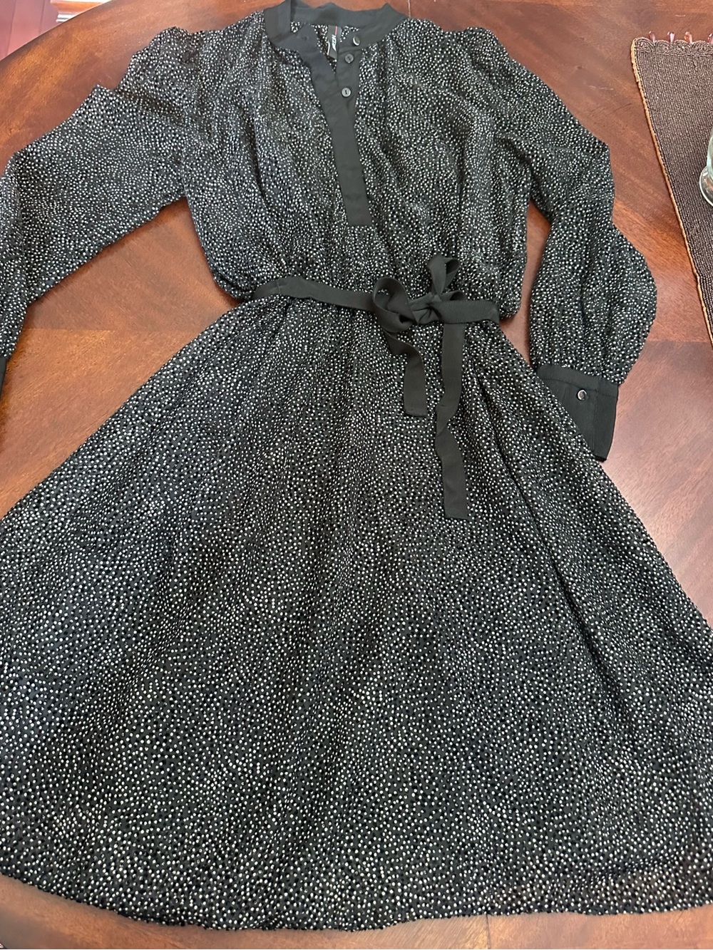 Marc Cain Black Sheer Dot Long Sleeved Midi Dress Tie Belt Germany LBD N2 Small